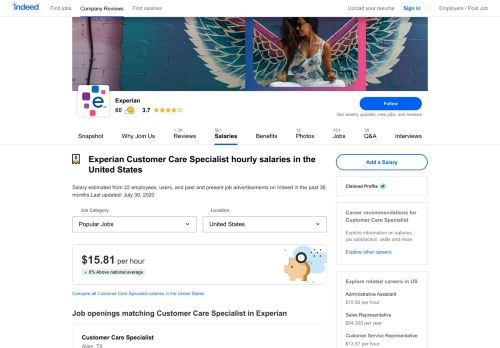 
                            7. Experian Customer Care Specialist Salaries in the United States ...