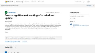 
                            5. Face-recognition not working after windows update - Microsoft ...