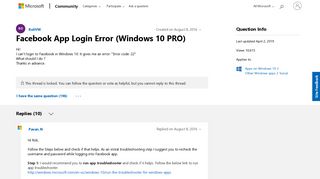 
                            8. Facebook App Login Error (Windows 10 PRO) - Microsoft Community