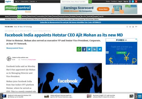 
                            10. Facebook India appoints Hotstar CEO Ajit Mohan as its new MD ...