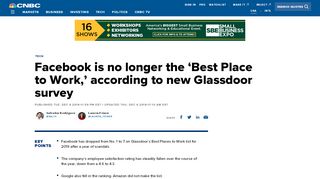 
                            8. Facebook is no longer Glassdoor's 'Best Place to Work' - CNBC.com