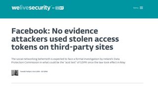 
                            9. Facebook: No evidence attackers used stolen ... - WeLiveSecurity
