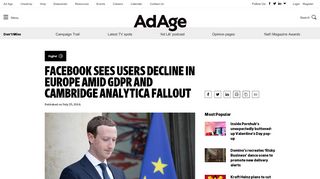 
                            13. Facebook sees users flee in Europe amid GDPR | Digital - Ad Age