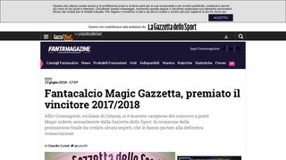 
                            9. Fantacalcio Magic Gazzetta, premiato il vincitore 2017/2018 ...