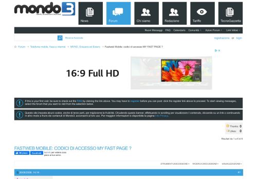 
                            11. Fastweb Mobile: codici di accesso MY FAST PAGE ? - Mondo3