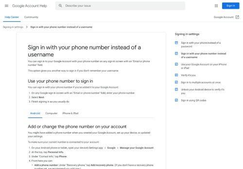 
                            4. Fazer login com seu número de telefone em vez de ... - Google Support