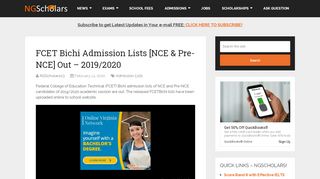 
                            8. FCET Bichi Admission Lists [NCE & Pre-NCE] Out - 2016/2017