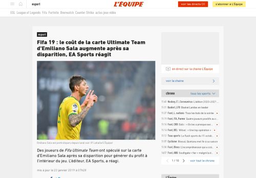 
                            13. Fifa 19 : le coût de la carte Ultimate Team d'Emiliano Sala augmente ...