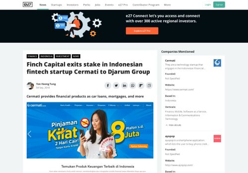 
                            13. Finch Capital exits stake in Indonesian fintech startup Cermati to ... - e27