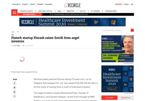 
                            11. Fintech startup Fincash raises $100K from angel investors | VCCircle