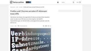 
                            8. Firefox und Chrome verraten IP-Adressen trotz VPN | heise online