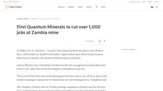 
                            13. First Quantum Minerals to cut over 1,000 jobs at Zambia mine | Reuters