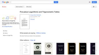 
                            10. Five-place Logarithmic and Trigonometric Tables - Google बुक के परिणाम