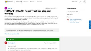 
                            2. FIXMAPI 1.0 MAPI Repair Tool has stopped working - Microsoft Community