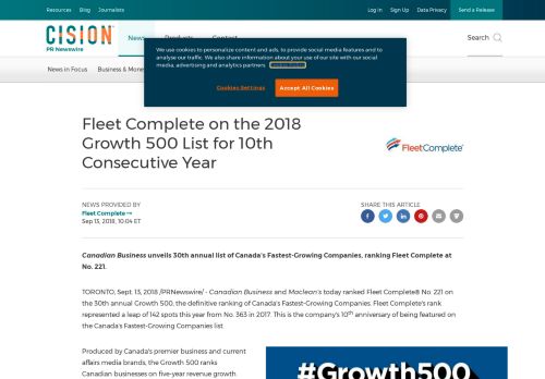 
                            13. Fleet Complete on the 2018 Growth 500 List for 10th Consecutive Year