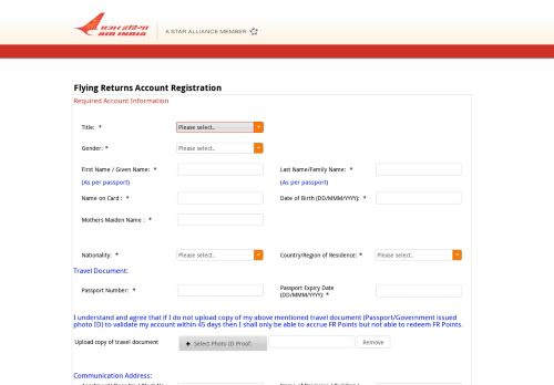 
                            5. Flying Returns Account Registration - Welcome to Flying Returns