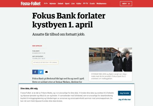 
                            13. Fokus Bank forlater kystbyen 1. april - Fosna-Folket