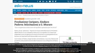 
                            13. Fondazione Cariparo, Sindaco Padova: felicitazioni a G. Muraro