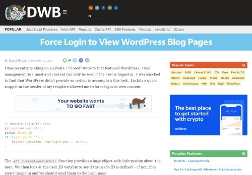 
                            12. Force Login to View WordPress Blog Pages - David Walsh Blog