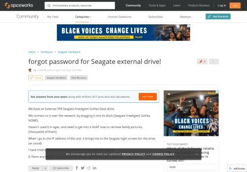 
                            8. forgot password for Seagate external drive! - Spiceworks Community