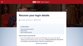 
                            10. Forgotten User ID/Pin - Recover your login details online - Sky Vegas