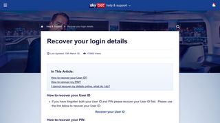 
                            3. Forgotten User ID/Pin - Recover your login ... - SKY BET support
