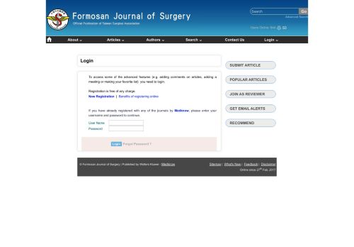 
                            1. Formosan Journal of Surgery : Login