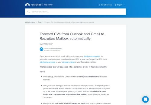 
                            12. Forward CVs from Outlook and Gmail to Recruitee Mailbox automatically