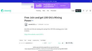 
                            7. Free Join and get 100 GH/s Mining Power — Steemit