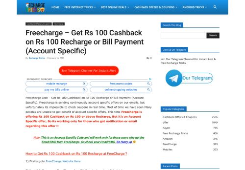 
                            13. Freecharge LOOT - Get Rs 100 Cashback on Rs 100 Recharge or Bill ...