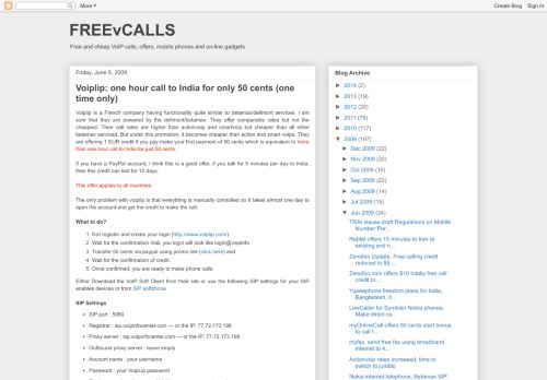 
                            8. FREEvCALLS: Voiplip: one hour call to India for only 50 ...