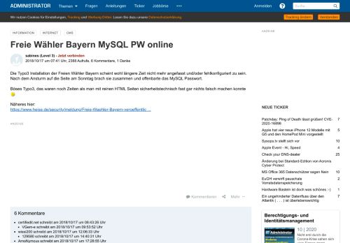 
                            7. Freie Wähler Bayern MySQL PW online - Administrator