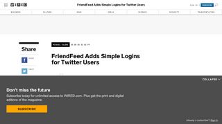 
                            10. FriendFeed Adds Simple Logins for Twitter Users | WIRED