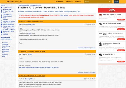 
                            9. FritzBox 7270 defekt - Power/DSL Blinkt - Mikrocontroller.net