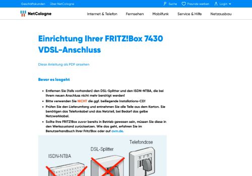 
                            5. FRITZ!Box 7430 einrichten am VDSL-Anschluss - NetCologne