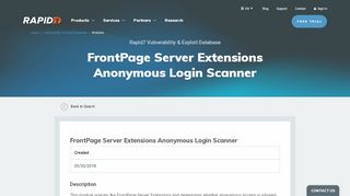 
                            9. FrontPage Server Extensions Anonymous Login Scanner | Rapid7