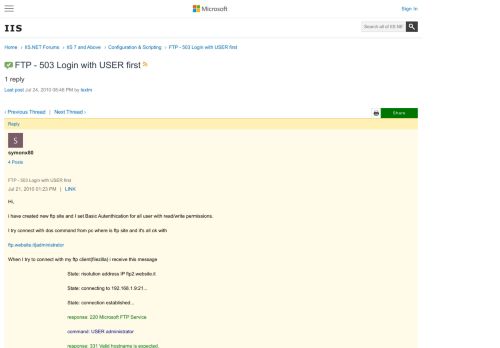 
                            3. FTP - 503 Login with USER first : The Official Microsoft IIS Forums