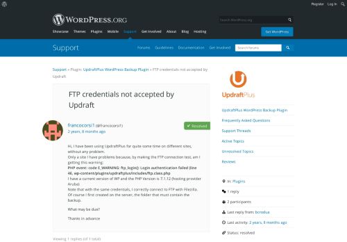 
                            9. FTP credentials not accepted by Updraft | WordPress.org