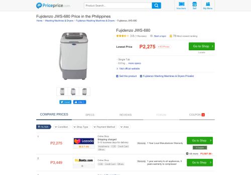 
                            10. Fujidenzo JWS-680 Price in the Philippines | Priceprice.com
