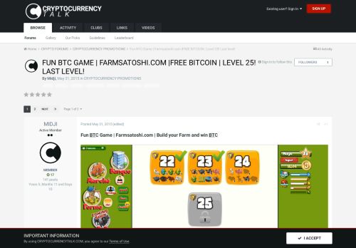 
                            7. Fun BTC Game | Farmsatoshi.com |FREE BITCOIN | Level 25! Last ...