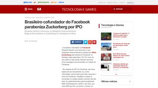 
                            10. G1 - Brasileiro cofundador do Facebook parabeniza Zuckerberg por ...