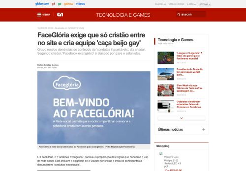 
                            4. G1 - FaceGlória exige que só cristão entre no site e cria equipe 'caça ...