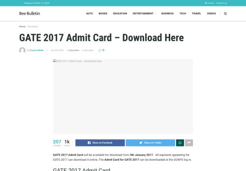
                            5. GATE 2017 Admit Card - Download Here - Bee Bulletin