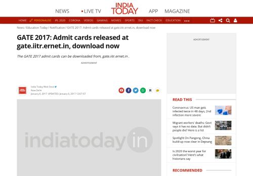 
                            7. GATE 2017: Admit cards released at gate.iitr.ernet.in, download now ...