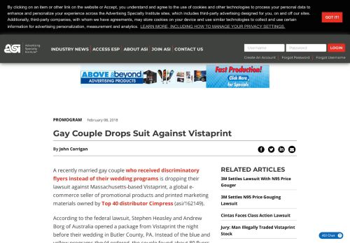 
                            9. Gay Couple Drops Suit Against Vistaprint - ASI