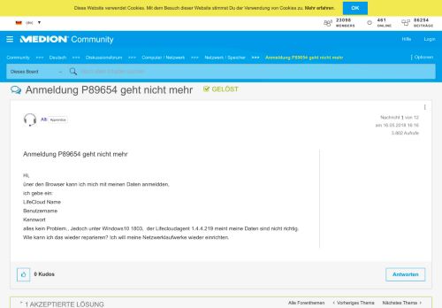 
                            5. Gelöst: Anmeldung P89654 geht nicht mehr - MEDION Community