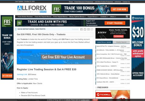 
                            7. Get $30 FREE, First 100 Clients Only - Tradesto - All Forex Bonus