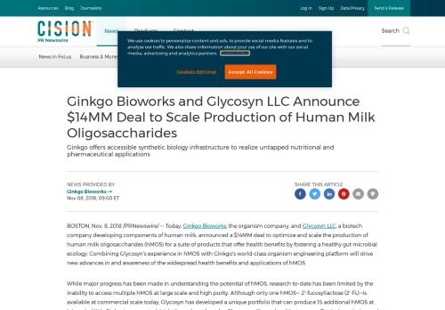 
                            11. Ginkgo Bioworks and Glycosyn LLC Announce $14MM ...