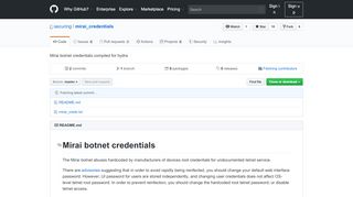 
                            1. GitHub - securing/mirai_credentials: Mirai botnet credentials compiled ...