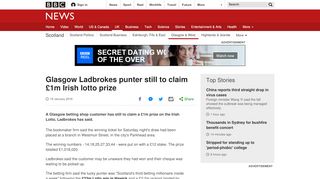 
                            10. Glasgow Ladbrokes punter still to claim £1m Irish lotto prize - BBC News